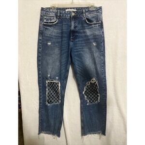 Zara TRF High Rise Distressed Raw Hem Denim Fish Net Ripped Knee Jeans Sz 10